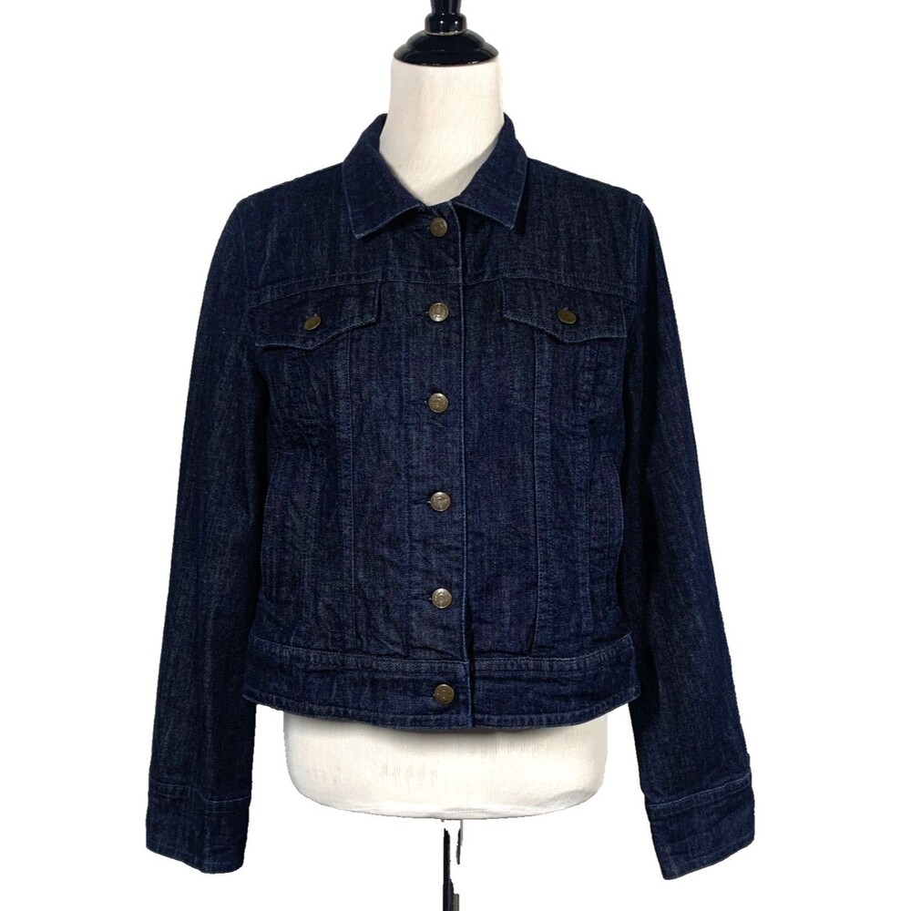 J Crew Dark Wash Stretch Jean Jacket Womens Large Deep Blue Button Front